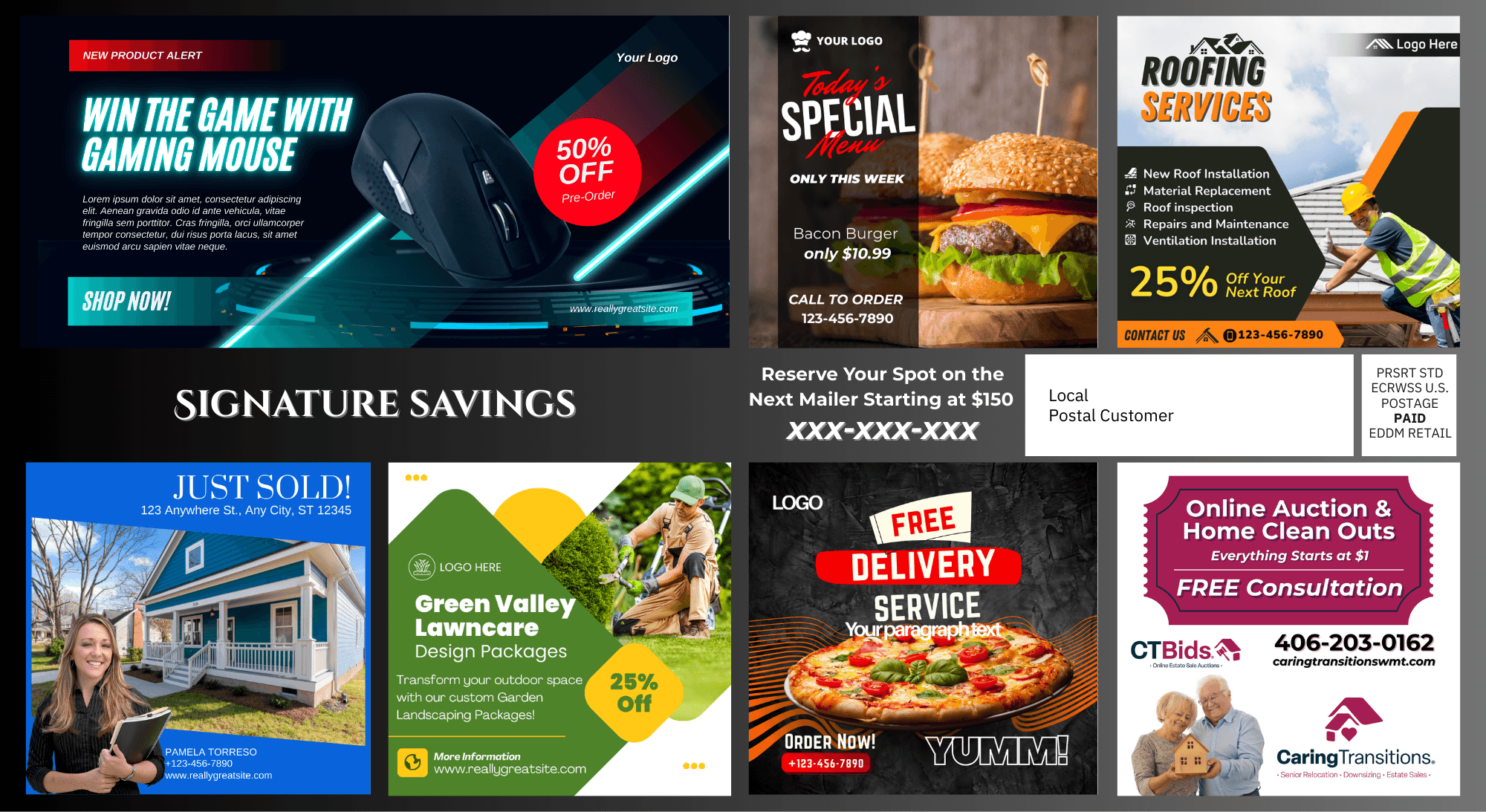 Community card mockup showing various local business advertisements